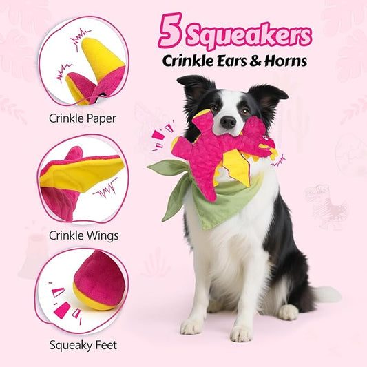 Squeaky Dog Toys - Soft Plush Dragon Dog Toy with 5 Squeakers & Crinkle Paper, Dog Toys for Small, Medium and Large Dogs (Pink,10")