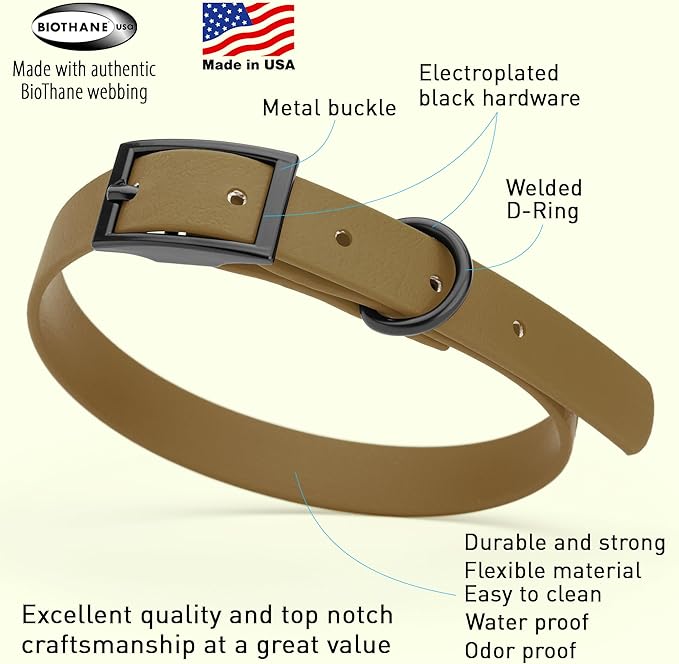 Dogline Biothane Coated Webbing Dog Collar with Black Metal Hardware: Durable Easy-Clean Everyday Collar for Dogs - Comfortable Adjustable Odor-Resistant Pet Collar, W5/8" x L12-15, Coyote Brown