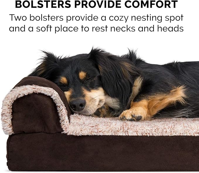 FurHaven Orthopedic Dog Bed for Large Dogs, L-Shaped Chaise Contour Mattress with Egg Crate Orthopedic Memory Foam for Joint Support, Removable Washable Cover, Jumbo/XL, Faux Fur & Suede, Espresso