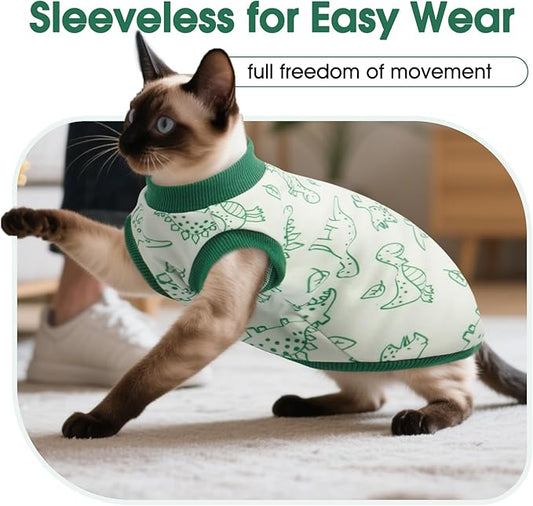 DENTRUN Sleeveless Cat Vest with Dinosaur Print, Breathable Ultra-Soft Dralon Fleece Cat Sweater, All-Season Pet Costume Apparel for Cats, Kitten Clothing for Indoor/Outdoor, Green, XL
