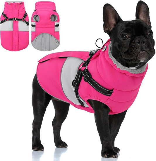 KOESON Dog Coat, Warm Dog Winter Jacket with Harness Built-in for Easy Walk, Fleece Lined Cold Weather Coat for Medium Dogs, Waterproof Puffer Jacket for French Bulldog, Corgi, Beagle, Hot Pink M