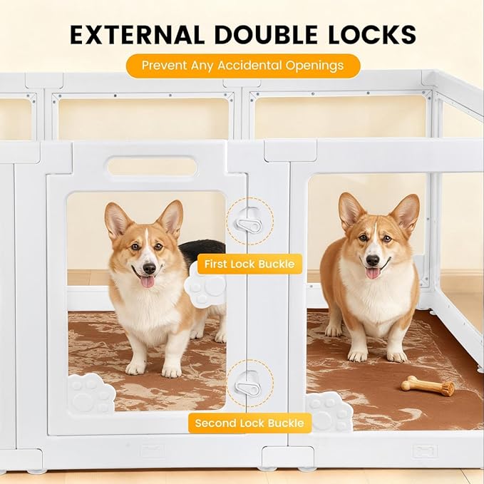 WICHEMI 8 Panel Indoor Dog Playpen, Acrylic Clear Puppy Playpen, 23.6" H Cat Play Pen with Double Door Lock, Paw Print Design Pet Playpen with Suction Cup, White