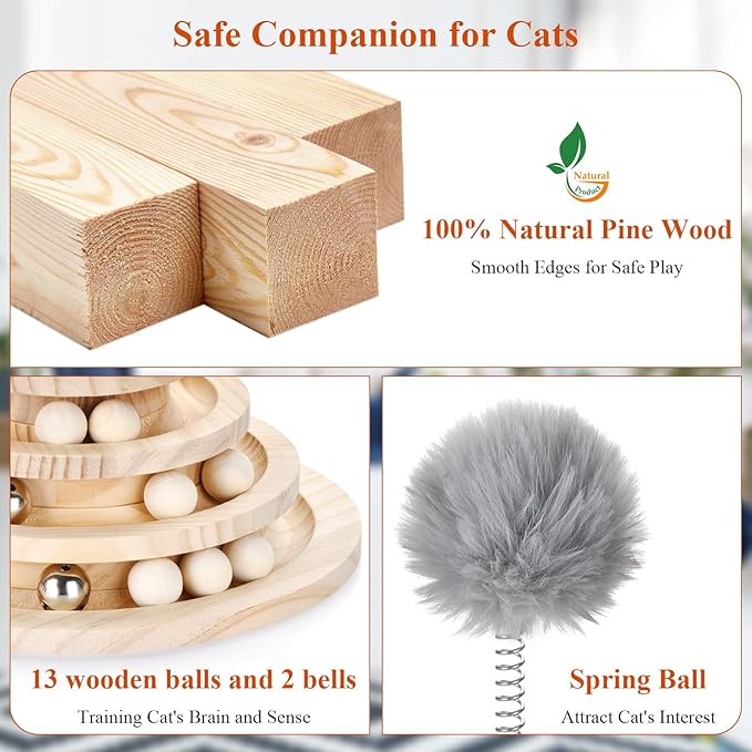SMICEM Large Upgraded Cat Track Ball Toy with Bell & Teaser Wand - 3-Layer Tower Roller, Interactive Wooden Cat Toy for Mental & Physical Exercise, Double Fun for Kittens & Adult Cats