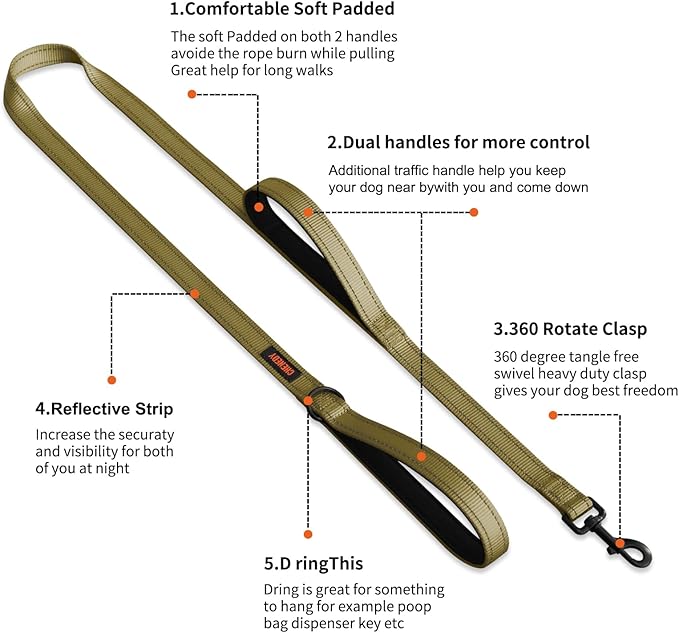 Heavy Duty Double Handle Leash - Reflective Training Lead for Large Breed Dogs (6FT Deep Green)