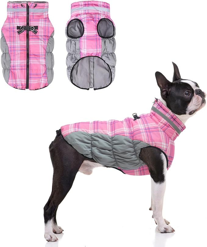 BEAUTYZOO Dog Winter Coat with Harness Built in, Reflective Plaid Puffer Vest Waterproof for Medium Dogs, Fleece Warm Puppy Zipped Jacket with D Ring, Pet Cold Weather Sweater Clothes, Pink M