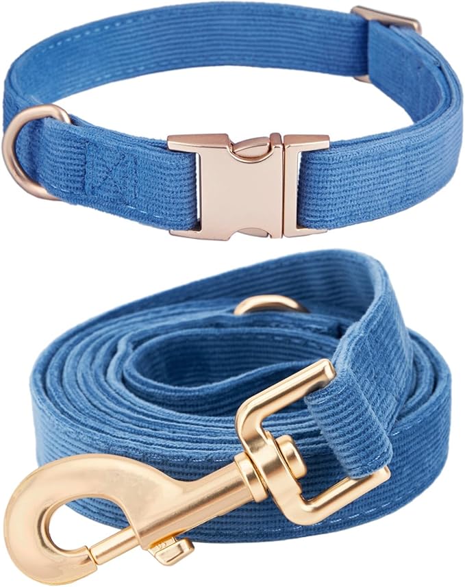 Soft Corduroy Dog Collar and Leash Set Adjustable Durable Dog Collars with Metal Buckle and Lead for Small Dogs,Royal Blue