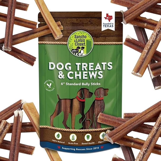 Supreme 6-inch Standard Bully Sticks by Sancho and Lola’s (10 Pack) All-Natural, Long-Lasting Dog Chew Treats - Free-Range, Grass-Fed Beef - Low Odor