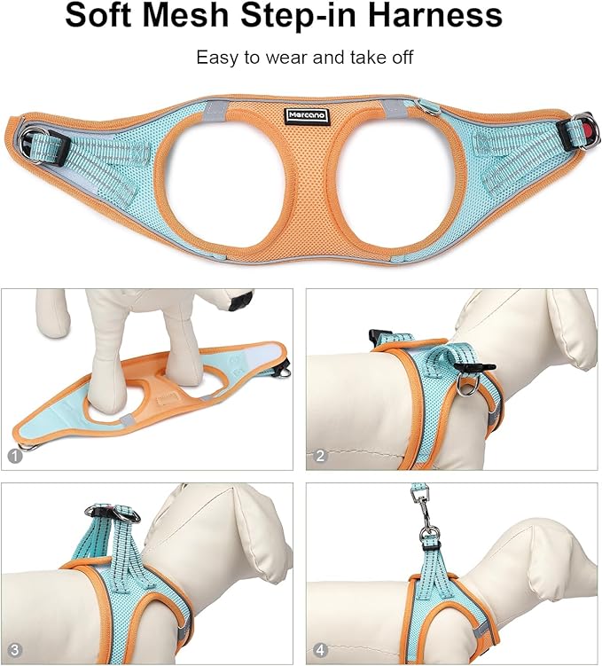 Mercano Soft Mesh Dog Harness and Leash Set, No-Chock Step-in Reflective Breathable Lightweight Easy Walk Vest Harnesses with Safety Buckle for Small Dogs, Cats (M, Orange Blue)