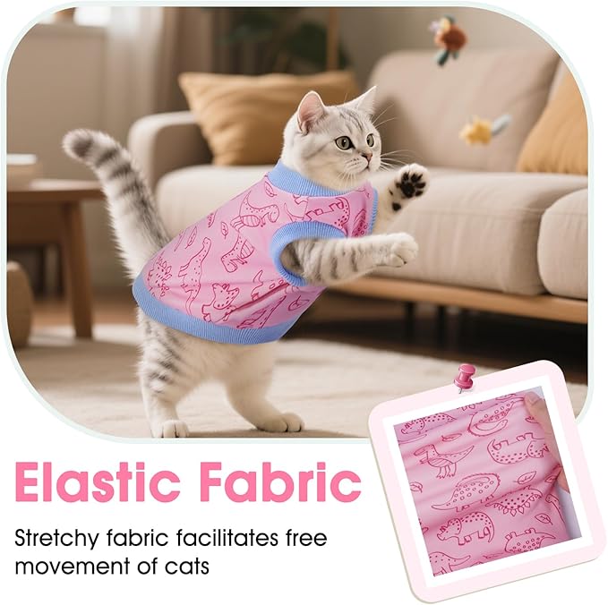 DENTRUN Sleeveless Cat Vest with Dinosaur Print, Breathable Ultra-Soft Dralon Fleece Cat Sweater, All-Season Pet Costume Apparel for Cats, Kitten Clothing for Indoor/Outdoor, Pink, S