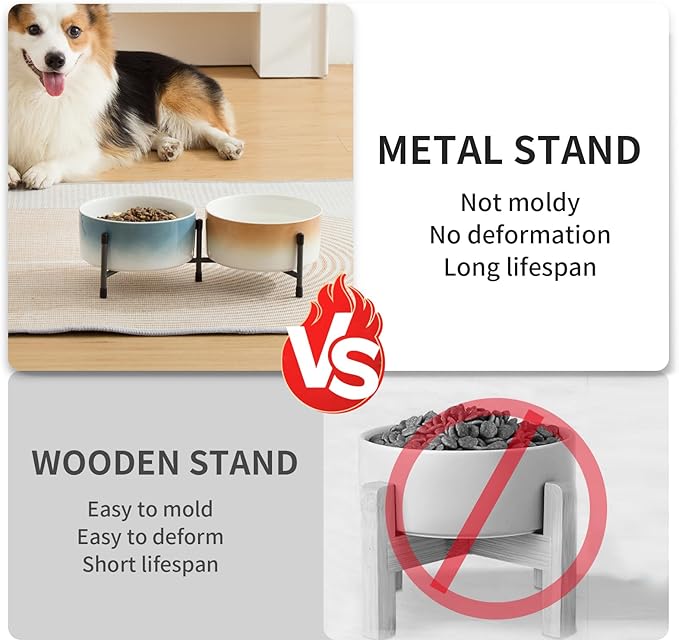 32 OZ Ceramic Dog Cat Bowl with Elevated Metal Stand, 6 Inch Ceramic Pet Dish for Food and Water, Pet Feeder Bowls for Cats & Dogs - Set of 2, Blue & Brown