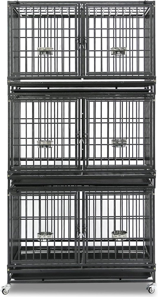 Homey Pet Three Tiers 43 inch Heavy Duty Dog Crate with Wheels, Stackable Indestructible Steel Dog Cage Kennel Indoor with Divider, Trays, Bowls, Escape Proof Locks for Breeder and More