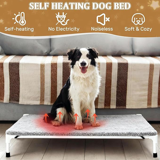 Large Self Warming Dog Pad for Elevated Cot Dog Beds Self Heating Pet Mat Warm Thermal with Corner Straps 32x57in Removable Washable Soft Cover Non-Slip Bottom for Indoor Outdoor