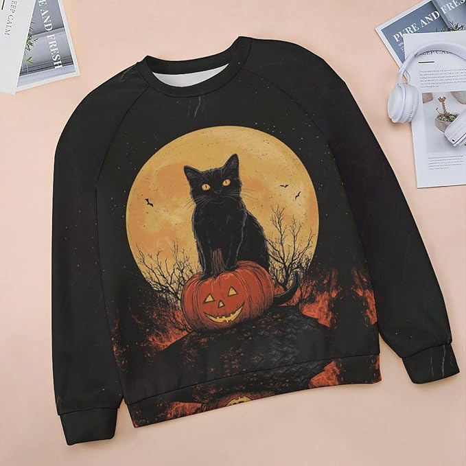 Womens novelty funny cat printed crewneck sweatshirt casual loose long sleeve graphic pullover sweatshirts tops