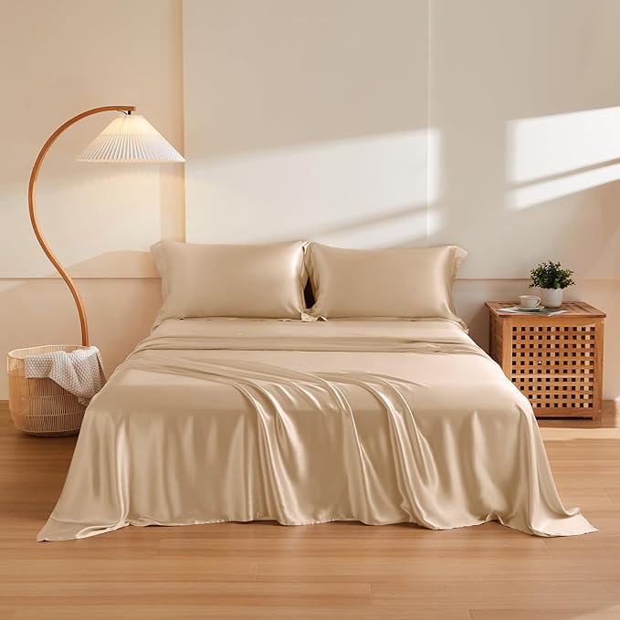 THXSILK Silk Sheet Set 4Pcs, 6A+ Top Grade 100% Natural Mulberry Silk Bed Sheets, Luxury Bedding Sets Ultra Soft Durable, 1 Fitted Sheet, 1 Flat Sheet and 2 Pillow Shams (King, Champagne)