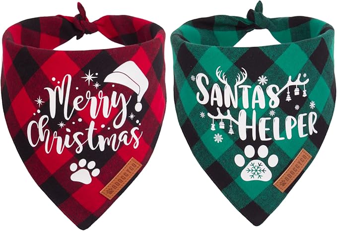 ADOGGYGO Christmas Dog Bandanas, Red Green Plaid Dog Scarf Bib, Premium Cotton Fabric, Multiple Sizes, Merry Christmas Bandanas for Medium Large Dogs (Large)