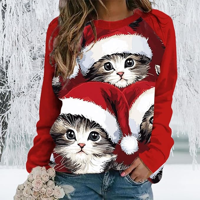 Womens Ugly Christmas Sweatshirt Funny Cat Dog Printed Xmas Pullover Shirts Crewneck Long Sleeve Graphic Hoodies