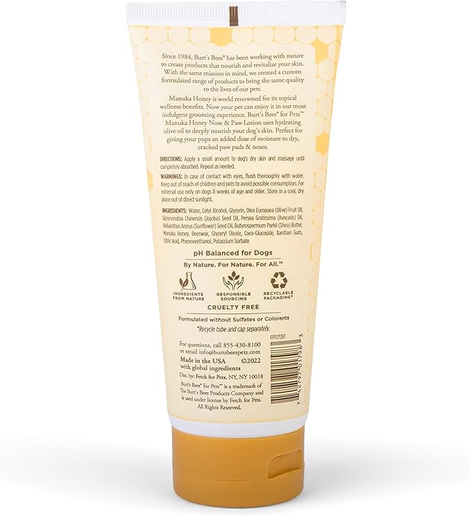 Burt’s Bees for Pets Paw & Nose Lotion for Dogs with Manuka Honey and Olive Oil, Soothes Dry Dog Paws -Naturally Derived Ingredients, 6 Oz