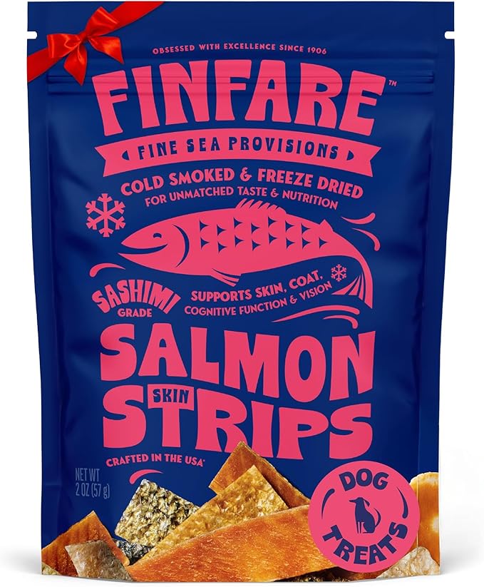 Finfare Freeze Dried Dog Treats, Salmon Skin Strips, Protein & Omega-3s, Grain Free Salmon Dog Training Treats, Crafted in USA, 2oz