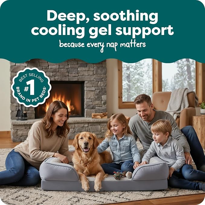 FurHaven Cooling Gel Dog Bed for Large Dogs, Perfect Comfort Sofa Bed with Cool Gel-Top Foam & Solid Orthopedic Foam Base for Joint Support, Washable Cover, Jumbo/XL, Plush & Velvet, Granite Gray