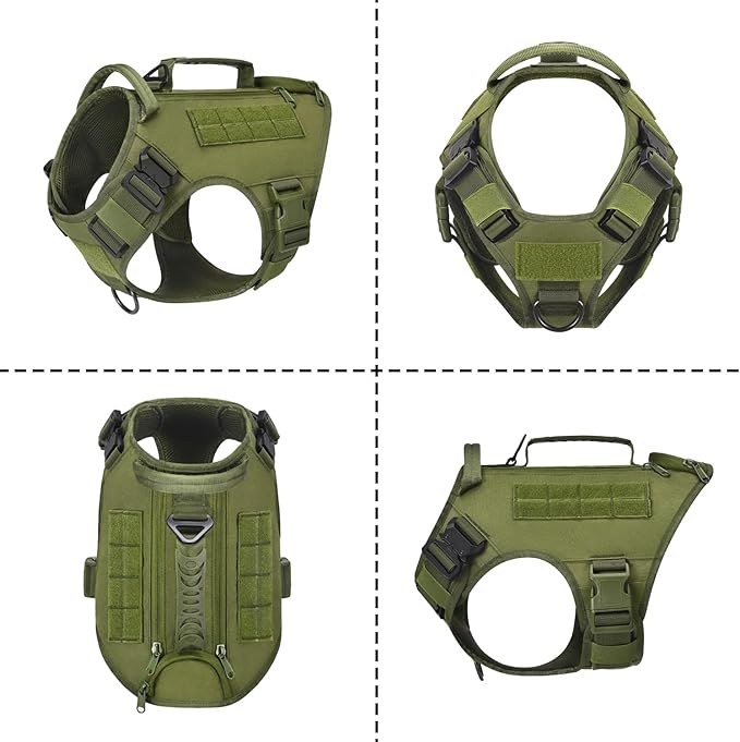 Tactical Dog Backpack Harness for Large Breed Original Design Metal Buckle Vest with Side Bags Pouches for Service Working Training (Green(Vest only), L)