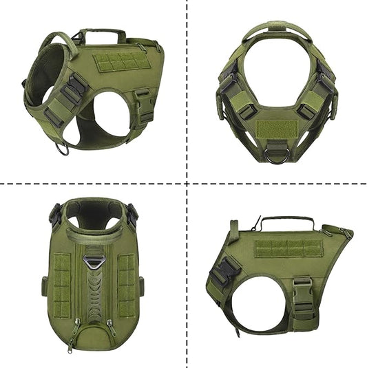 Tactical Dog Backpack Harness for Large Breed Original Design Metal Buckle Vest with Side Bags Pouches for Service Working Training (Green (with 2 Pouches), XL)