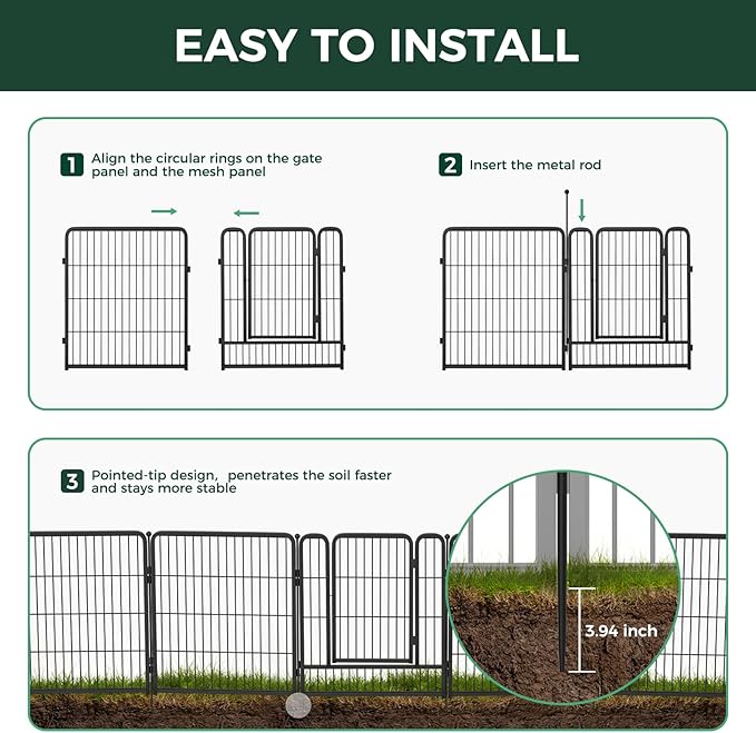 FXW Garden Fence Outdoor for The Yard – 50in(H) x 62.6ft(L) Heavy Duty Metal Animal Barrier for Dog and Rabbit, Decorative Dog Fence, 24 Panels, Black