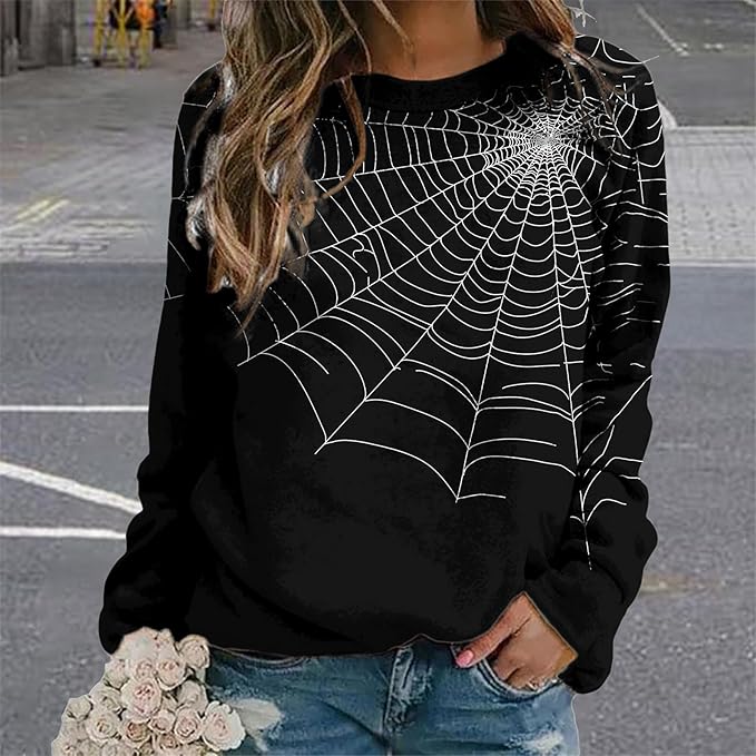 MARSVOVO Fall Sweatshirt for Women Novelty Spider Web Shirt Dressy Casual Crewneck Tunic Tops Spring Graphic Pullover