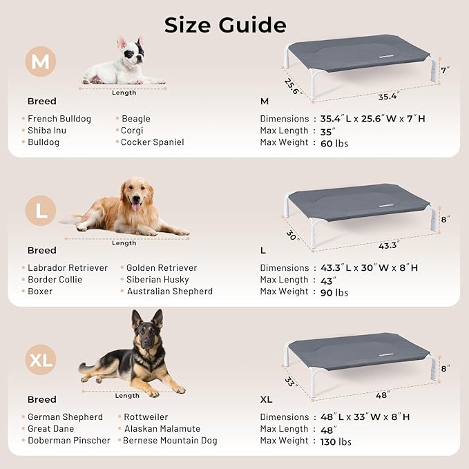 XL Elevated Dog Cot Bed Tool-Free Assembly - Outdoor Raised Dog Cooling Bed Frame for Large Pets, Summer Pet Hammock Off Ground with Non-Slip Feet & Waterproof Teslin Mesh, 48x33 Inch