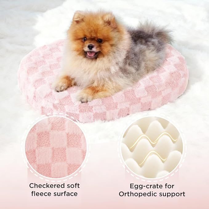 Joydeco Dog Bed for Small Dogs & Cats, Washable Cloud Pet Bed with Orthopedic Foam and Removable Checkered Plush Pad, Non-Slip Bottom for Indoor Puppies and Kittens, 27x24 Inch, Pink