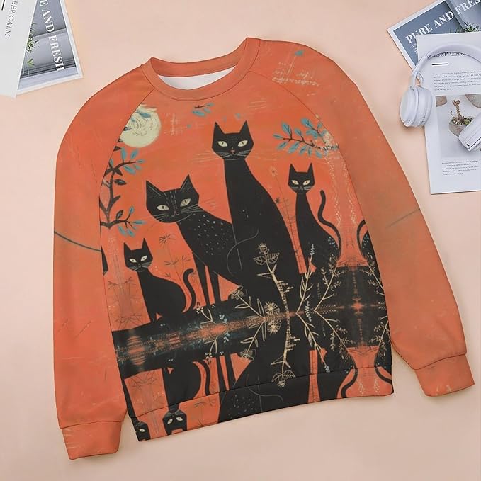 Womens novelty funny cat printed crewneck sweatshirt casual loose long sleeve graphic pullover sweatshirts tops
