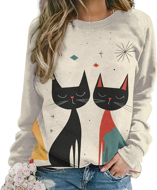 Biacolum Long Sleeve Shirts for Women Mid Century Retro Style Atomic Cat 3D Graphic Sweatshirts Fall Crewneck Pullover Top