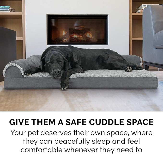FurHaven Orthopedic Dog Bed for Small/Medium Dogs, L-Shaped Chaise Mattress with Egg Crate Orthopedic Memory Foam for Joint Support, Removable Washable Cover, Medium, Faux Fur & Suede, Stone Gray