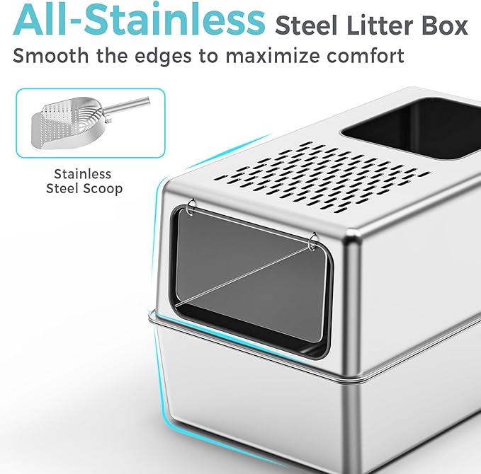 Petinstinct Large Enclosed Stainless Steel Litter Box with Lid, 19.7"x13.8"x13.8" High Sided Metal Cat Litter Box for Indoor Cats, Covered Dog Proof Kitty Litter Pan, Odor Free Tray, Non Sticky, L