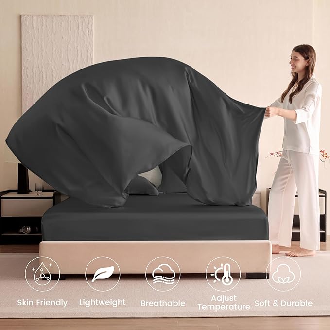 THXSILK Silk Sheet Set 5Pcs, 6A+ Top Grade 100% Pure Mulberry Silk Bed Sheets, Ultra Soft Durable Luxury Bedding Sets, 2 Fitted Sheet, 1 Flat Sheet and 2 Pillowcases (Split King, Black)