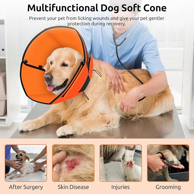 Queenmore Dog Cones for Small Dogs, Soft Cone for Dogs, Dog Cone Collar to Prevent Licking Wounds, Adjustable Comfy Cones for Pets, Adjustable Elizabethan Collar for Cat, Orange S