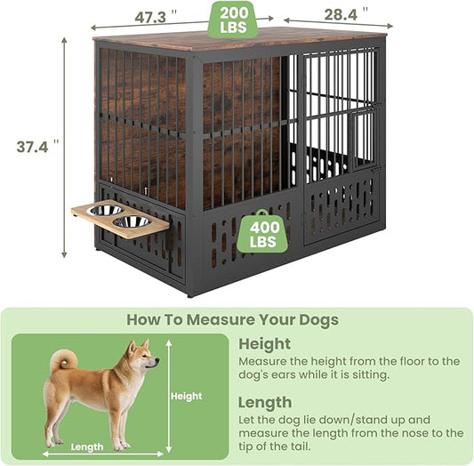 48 Inch XXL Dog Crate Furniture, Wooden Chewproof Dog Kennel with Interactive Window, 360° Adjustable Bowls (5 Heights), Storage Table Top, Heavy Duty XL Dog Crate for Medium Large Dogs, Brown