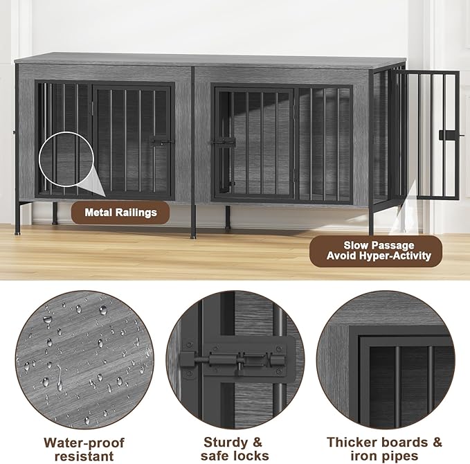 EasyCom Dog Crate Furniture for 1 or 2 Dogs, Heavy Duty Single/Double Dog Crates for Small/Medium/Large Dogs, Dog Kennel Furniture Indoor as TV Stand, Small Size 55.12" L(0-20 Pounds), Oak Grey
