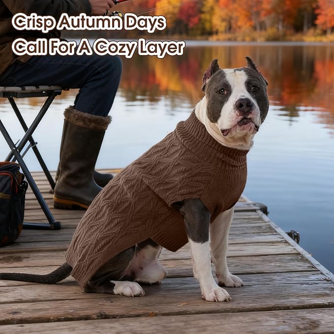 FUAMEY Dog Sweaters for Large Dogs,Cold Weather Dog Knitwear,Thick Warm Dogs Turtleneck,Pet Pullover Cable Sweater,Pets Winter Clothes for French Bulldog,Boston Terrier, Corgi Brown L