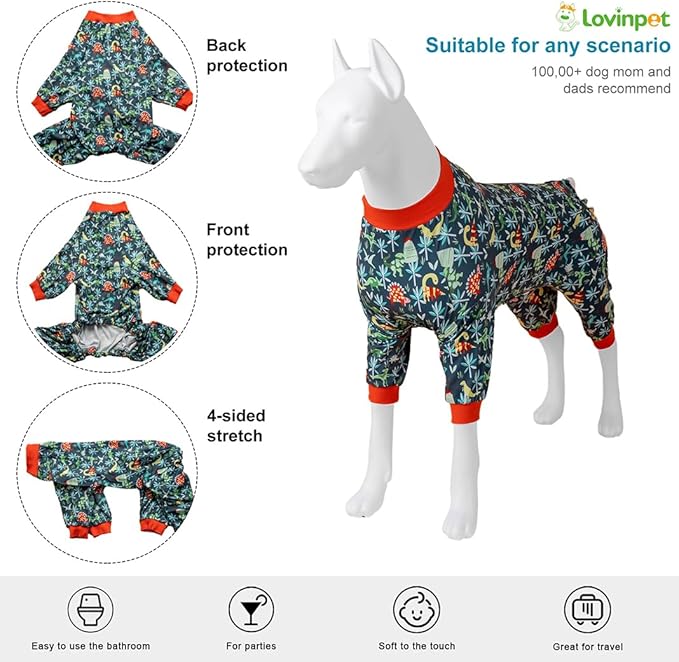 LovinPet Dog Sweatshirt, Lightweight Stretchy Fabric, Dark Green Dinosaur Print, Sun Protection, Pet Anxiety Relief Shirt, Easy Wearing Dog Onesie, Dog Costume for Parties,2XL