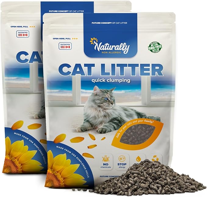 Naturally Non Allergic Pellet Clumping Cat Litter - 100% Natural Sunflower Hulls, Sunflower Scent, 22 lb