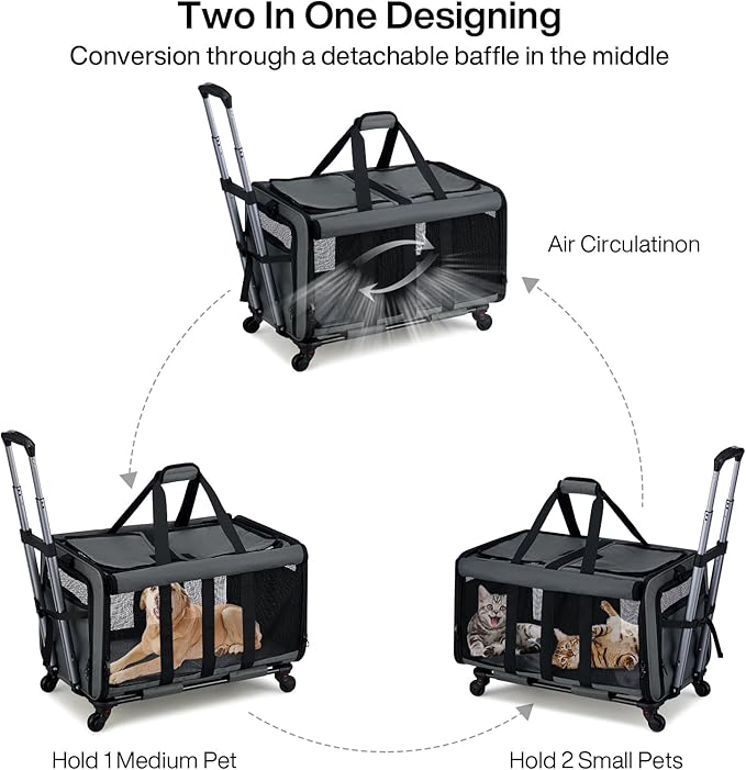 MILADA Large Cat Carrier for 2 Cats, Soft Big Pet Carrier with Wheels, Double Cat Carrier on Wheels, Rolling Pet Carrier for Travel Hiking Shopping and Camping（Not for Air Travel）, Grey