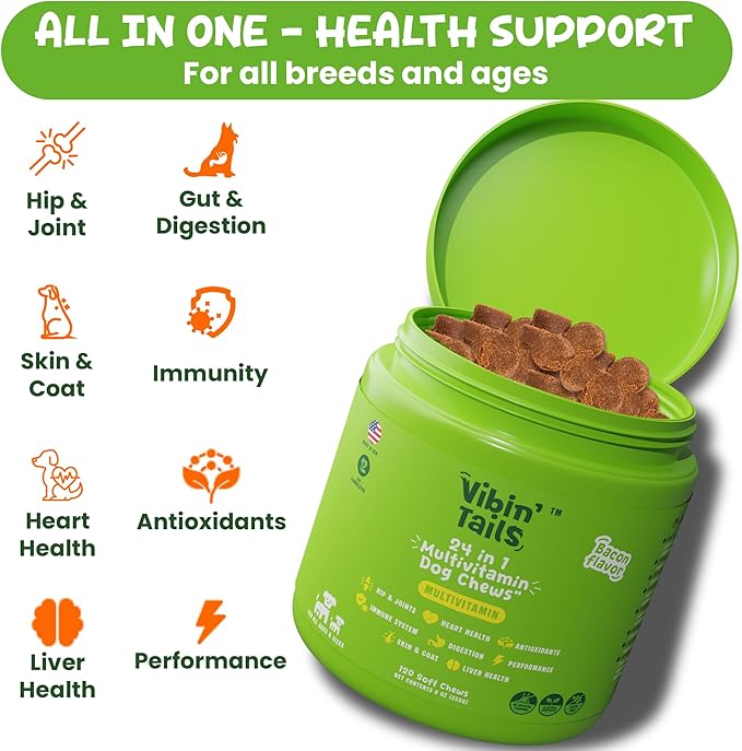 Vibin’ Tails Dog Multivitamin, Chewable Dog Vitamins and Supplements with Glucosamine, Chondroitin, Probiotics & Omega-3 for Hip & Joint, Skin & Coat – Puppy & Senior Multivitamin – 120ct