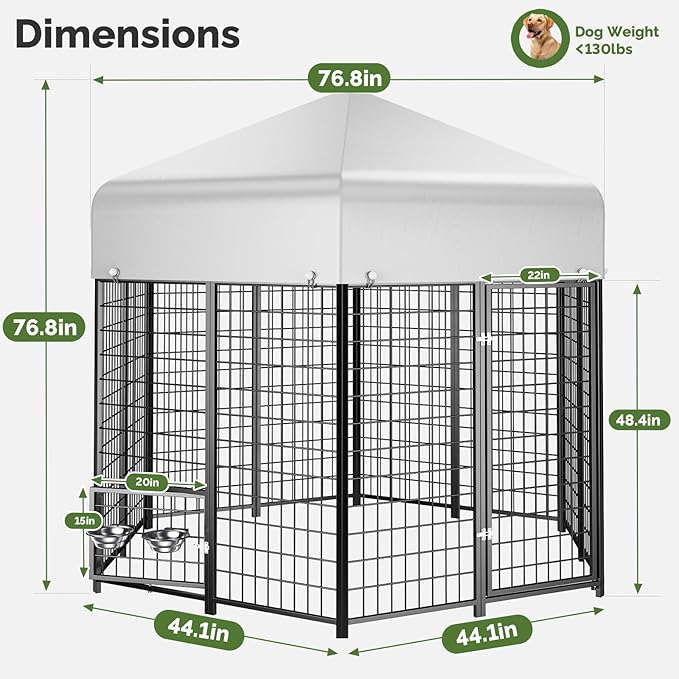 Sino Luban Outdoor Dog Kennel Outside Run with Doggy Door, Swivel Feeder&Roof - 7x7x6.4FT Large Dog Kennels Pens Outside for Large/Multiple Dogs - Heavy Duty Cage(Can Connect to Your Dog House)