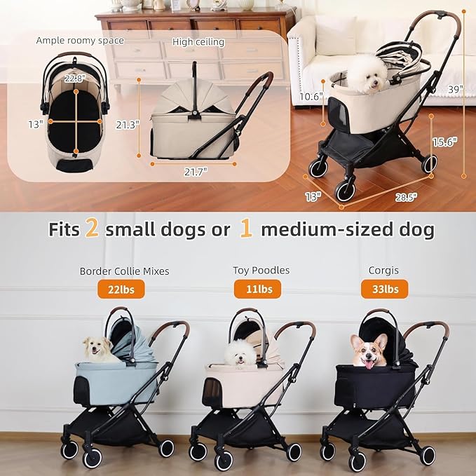 Pet Stroller for Small Dogs & Cats – Gravity Foldable 3 in 1 Dog Stroller with Lightweight Removable Carrier Holds up to 44 lbs & 180° Canopy with Storage Basket