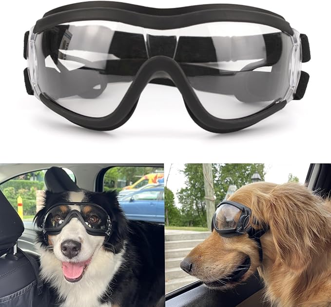 PETLESO Dog Goggles Large Breed, Large Dog Sunglasses Eye Protection for Dogs Windproof Goggles for Medium Large Dog Riding Biking Driving, Clear