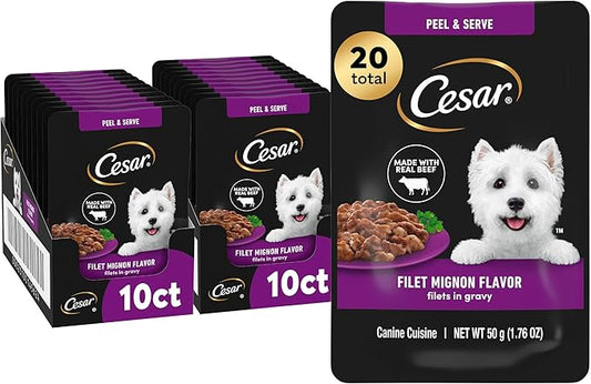 Cesar Filets in Gravy Wet Dog Food, Filet Mignon Flavor, 1.76 oz. Mini-Pouches, 20 Count (Pack of 1)