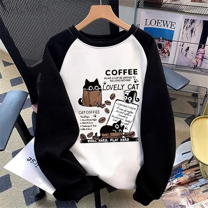 IVERIRMIN Women's 3D Cute Cat Print Sweatshirt Casual Long Sleeve Crewneck Cute Cat Pullover Loose Fit Shirts