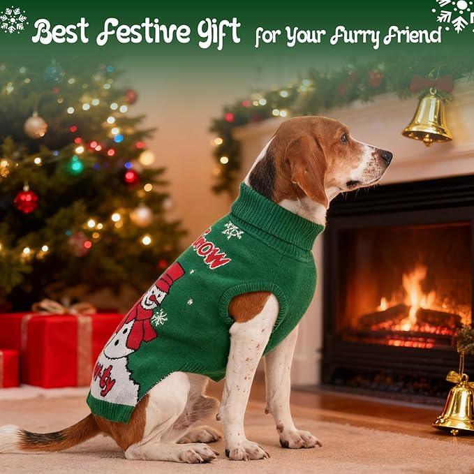 IECOii Christmas Dog Sweater for Medium Dogs Girl Boy, Xmas Dog Turtleneck with Leash Hole, Sleeveless Easy On Knitted Sweater Holiday Snowman Snowflake Pattern for Christmas Family Photo, Green, L