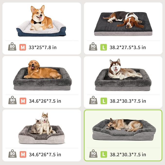 Dog Bed Waterproof Medium/Large Sized XL Foam Pet Beds Removable Washable Cover Dog Sofa Egg Crate Foam Support with Zipper Bottom Bolster Deluxe Plush Mat (38.2x30.3x7.5in+Grey)