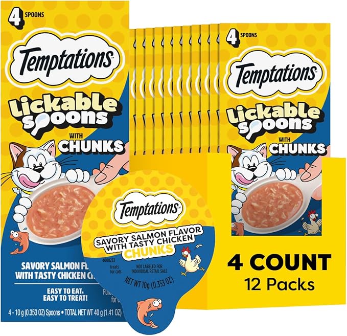 Temptations Lickable Spoons Cat Treats Salmon Flavor with Chicken Chunks, 4 Spoons, Pack of 12 (48 Total)